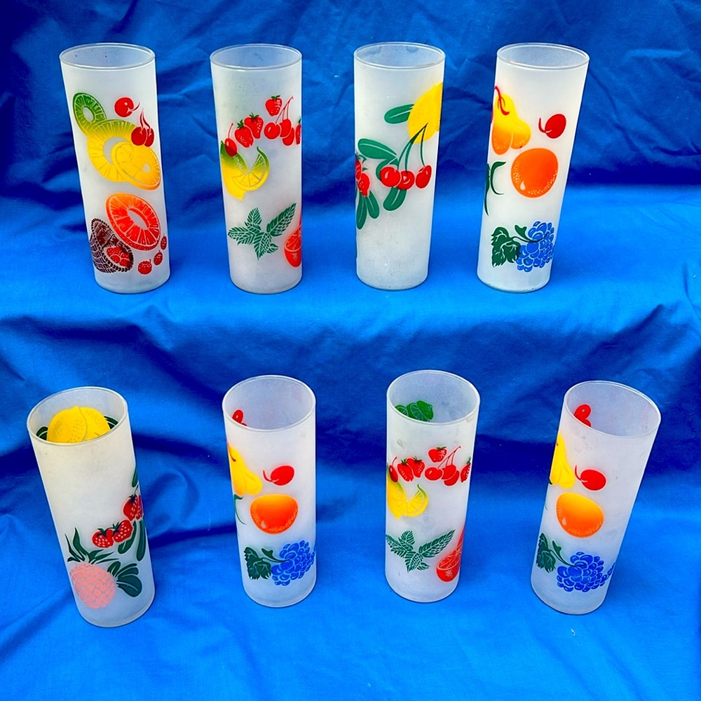 Set of 8 Vintage Frosted  Fruit Ice Tea Tom Collins Glasses
